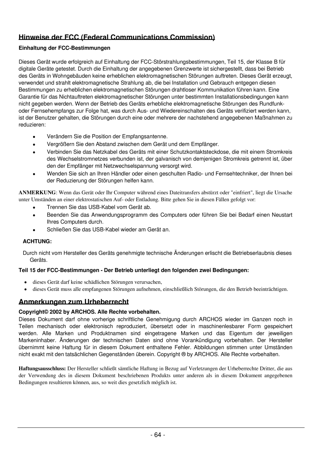 Archos 101 420V40 manual Hinweise der FCC Federal Communications Commission, Anmerkungen zum Urheberrecht 