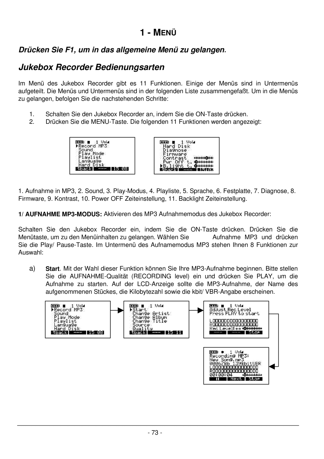 Archos 101 420V40 manual Menü, Jukebox Recorder Bedienungsarten 