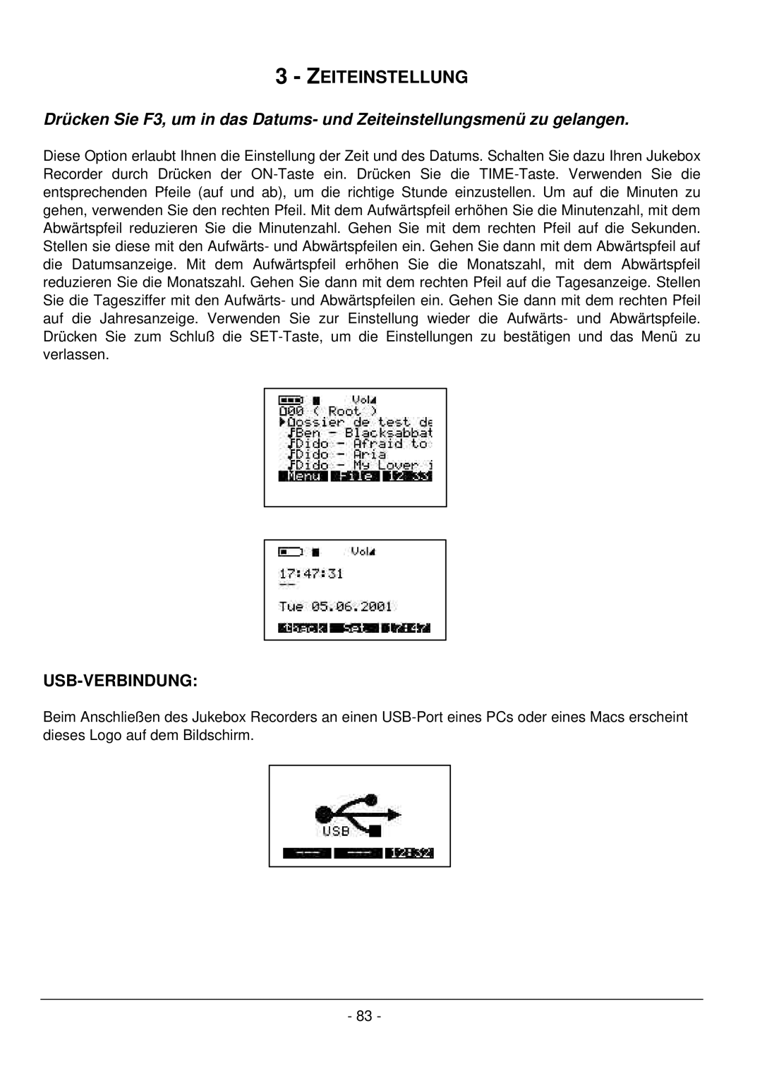 Archos 101 420V40 manual Zeiteinstellung, Usb-Verbindung 