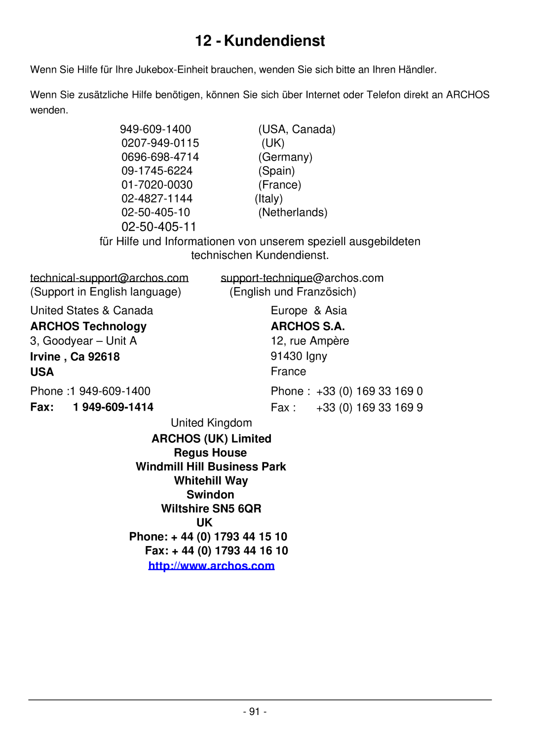 Archos 101 420V40 manual Kundendienst, Archos Technology, Irvine , Ca, Fax 1 