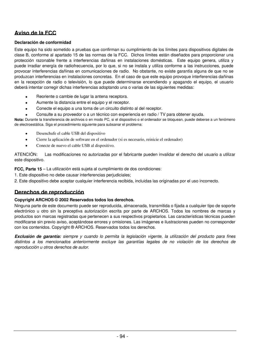 Archos 101 420V40 manual Aviso de la FCC, Derechos de reproducción 