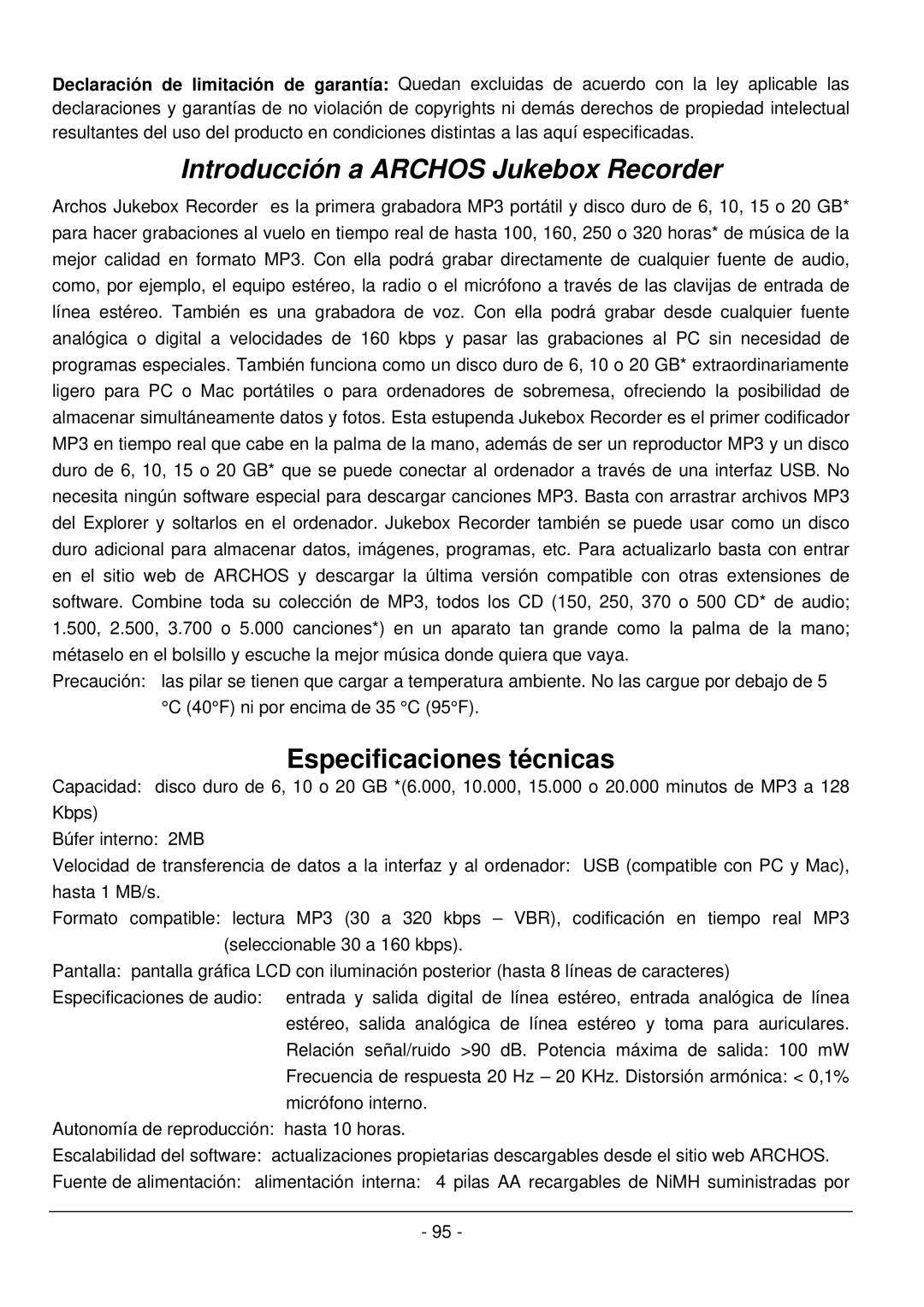 Archos 101 420V40 manual Introducción a Archos Jukebox Recorder, Especificaciones técnicas 