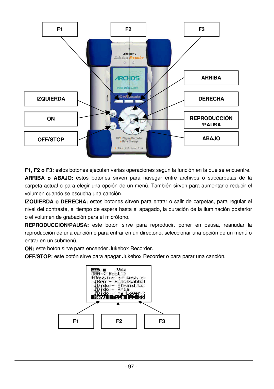 Archos 101 420V40 manual Izquierda OFF/STOP Arriba Derecha Reproducción Pausa Abajo 