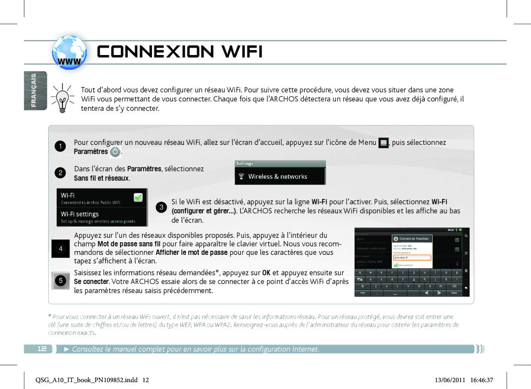 Archos 101 manual Www Connexion Wifi, De l’écran 