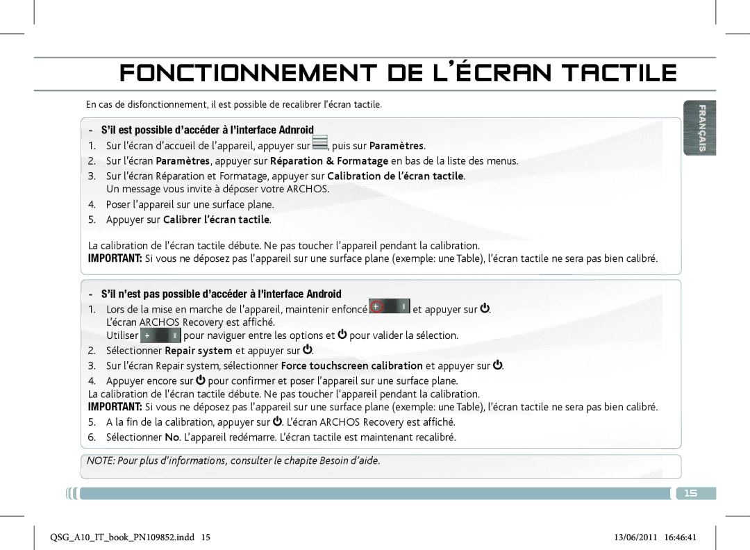 Archos 101 manual Fonctionnement DE L’ÉCRAN Tactile, Appuyer sur Calibrer l’écran tactile 