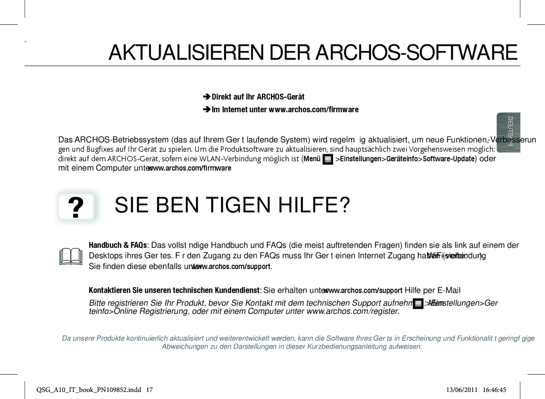 Archos 101 manual Aktualisieren DER ARCHOS-SOFTWARE, ? SIE Benötigen HILFE?, ÄDirektÄ auf Ihr ARCHOS-Gerät 