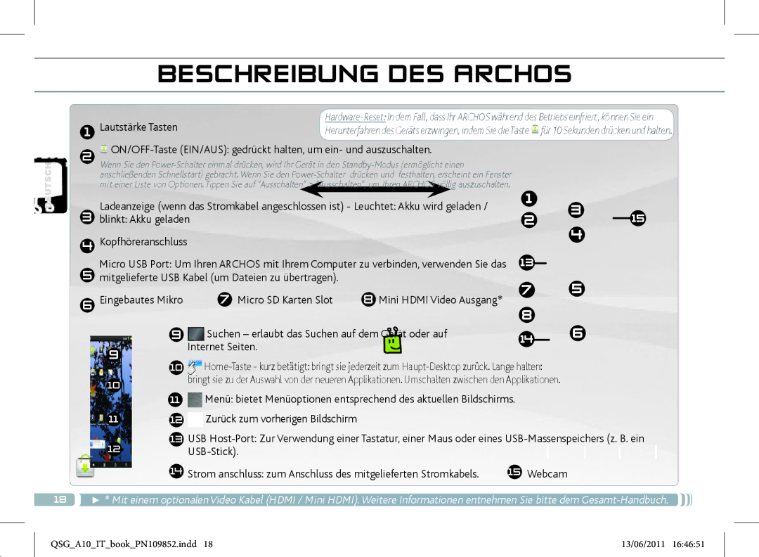 Archos 101 manual Beschreibung DES Archos, Lautstärke Tasten 