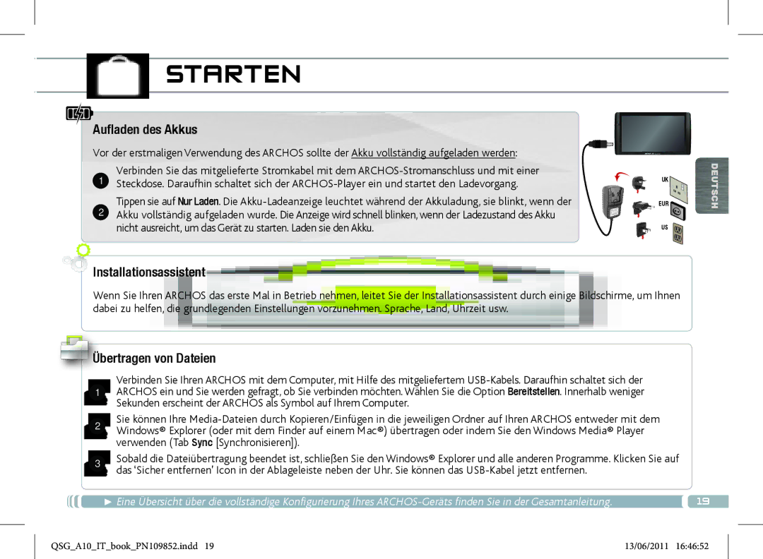 Archos 101 manual Starten, Aufladen des Akkus, Installationsassistent, Übertragen von Dateien 