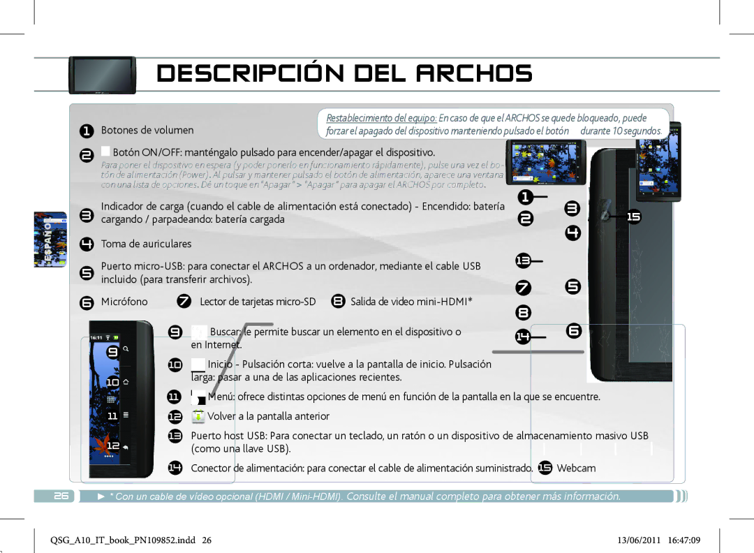 Archos 101 Descripción DEL Archos, Cargando / parpadeando batería cargada, Incluido para transferir archivos Micrófono 