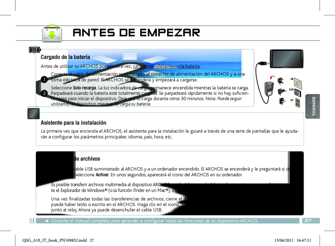 Archos 101 manual Antes DE Empezar, Cargado de la batería, Asistente para la instalación, Transferencia de archivos 