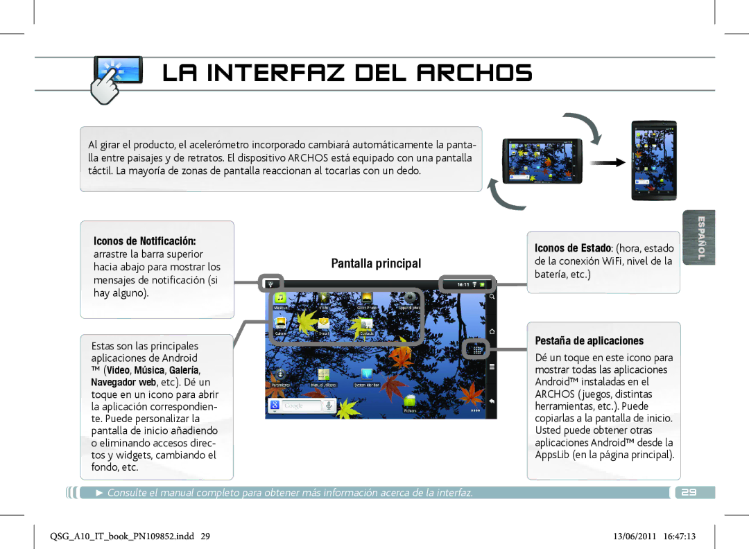 Archos 101 manual LA Interfaz DEL Archos, Iconos de Notificación, Pestaña de aplicaciones 