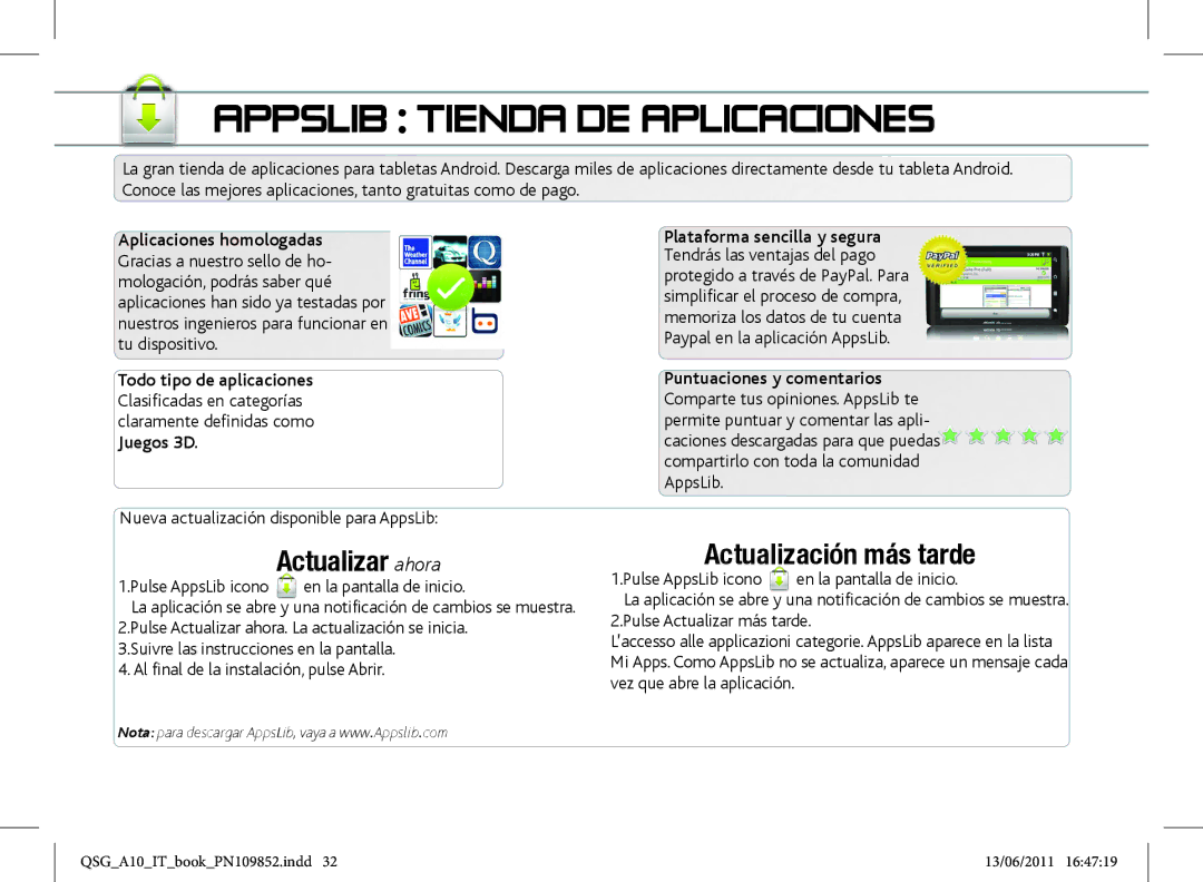 Archos 101 manual Appslib Tienda DE Aplicaciones, Juegos 3D, Nueva actualización disponible para AppsLib 