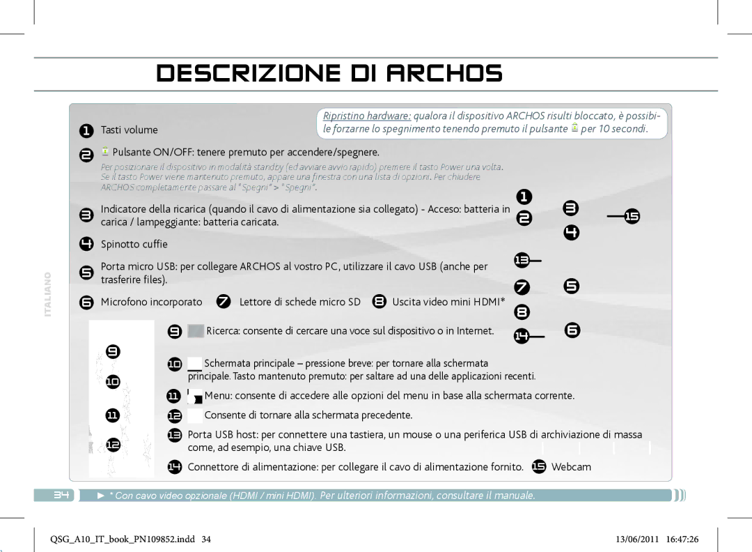 Archos 101 manual Descrizione DI Archos, Pulsante ON/OFF tenere premuto per accendere/spegnere 