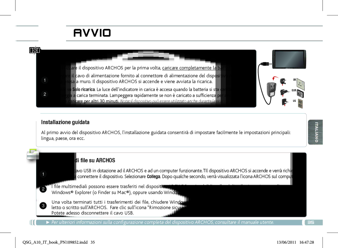 Archos 101 manual Avvio, Caricamento della batteria, Installazione guidata, Trasferimento di file su Archos 