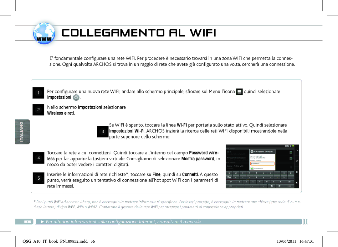 Archos 101 manual Www Collegamento AL Wifi, Nello schermo Impostazioni selezionare Wireless e reti 