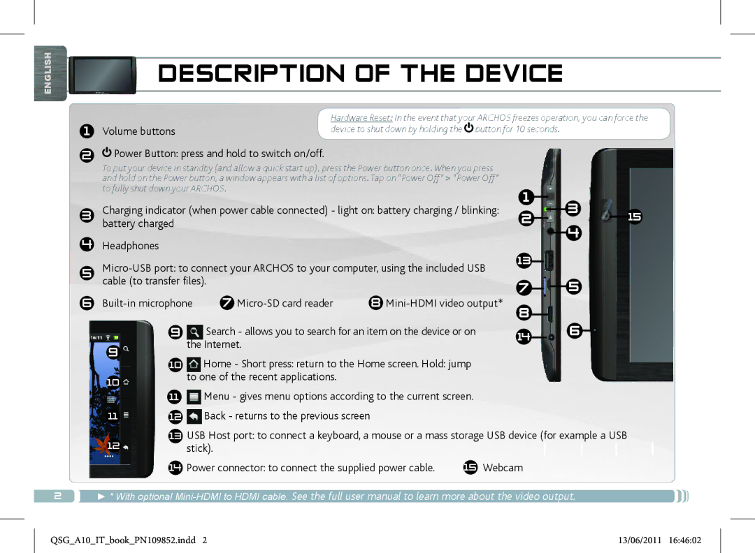 Archos 101 manual Description of the Device, Power Button press and hold to switch on/off 