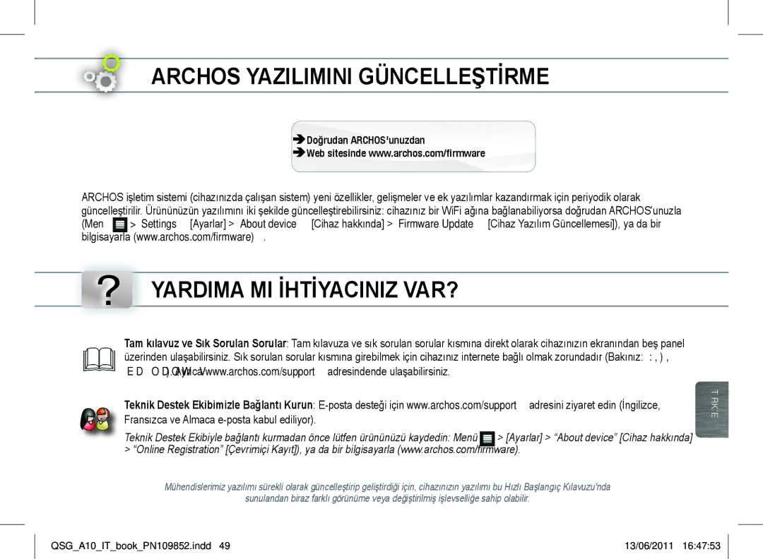 Archos 101 manual Archos Yazilimini Güncelleştİrme, ? Yardima MI İhtİyaciniz VAR?, ÄÄDoğrudan ARCHOSunuzdan 