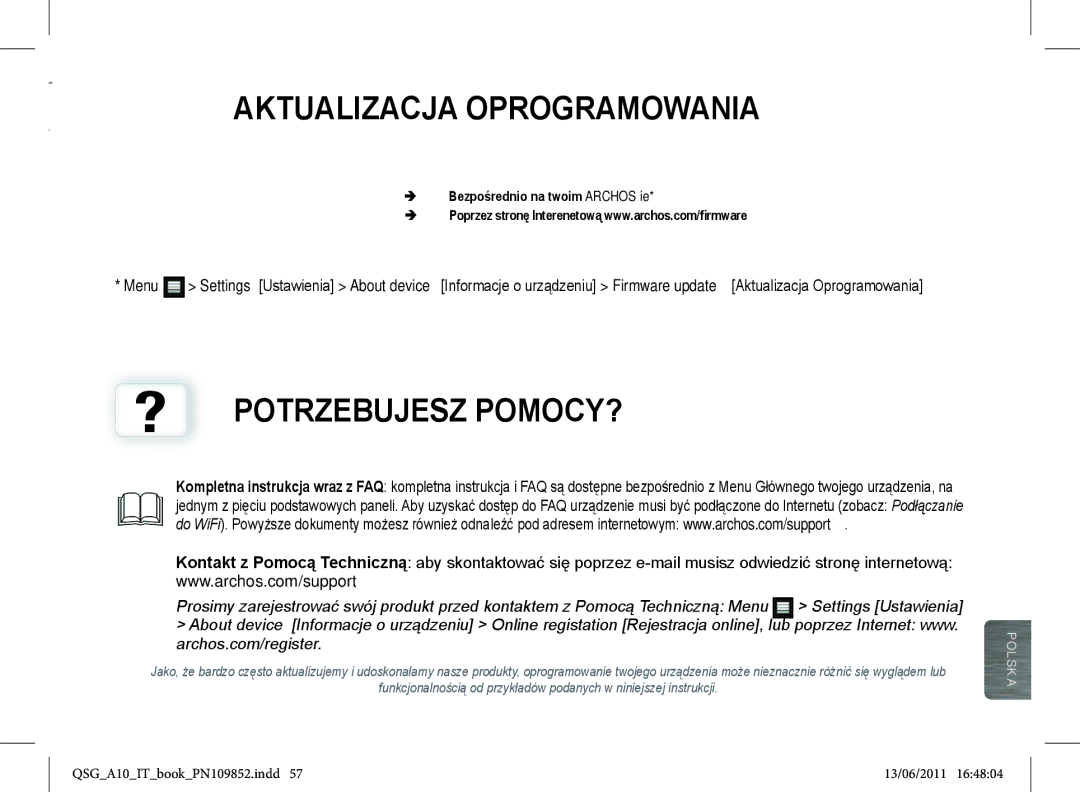 Archos 101 manual Aktualizacja Oprogramowania, ? Potrzebujesz POMOCY? 