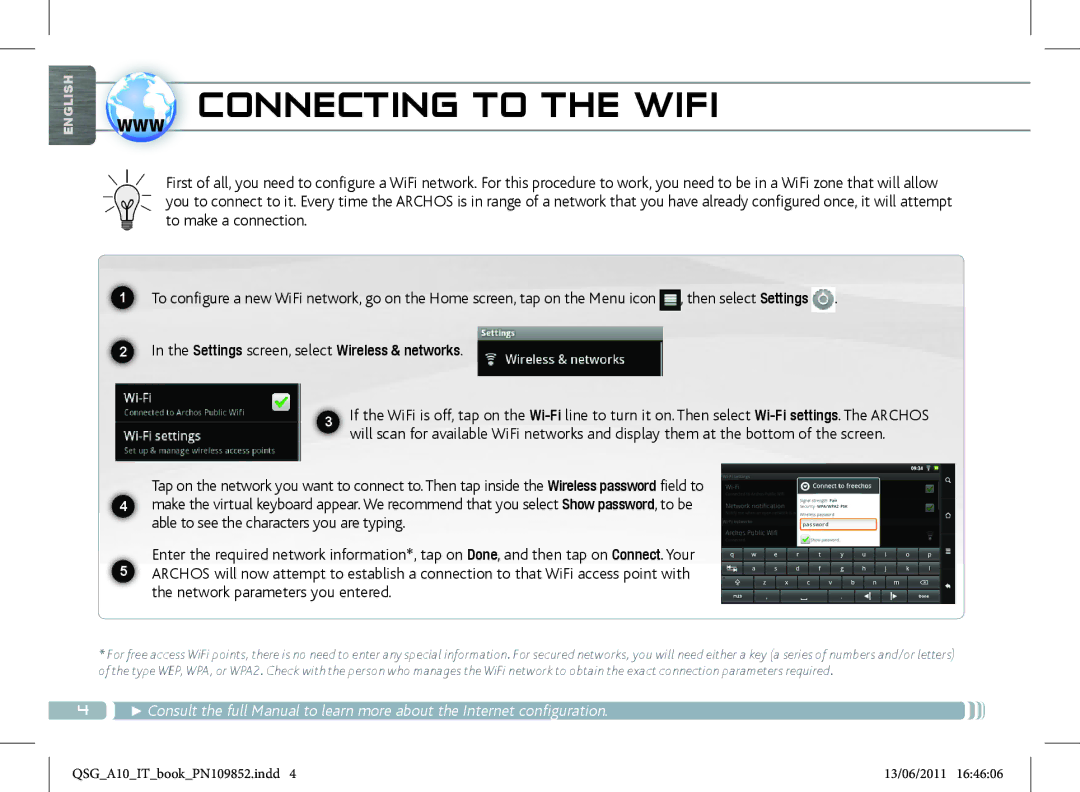 Archos 101 manual Www Connecting to the Wifi, Settings screen, select Wireless & networks 