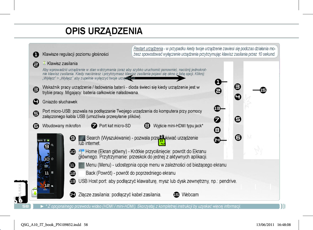 Archos 101 Opis Urządzenia, Klawisze regulacji poziomu głośności, Search Wyszukiwanie pozwala przeszukiwać urządzenie 