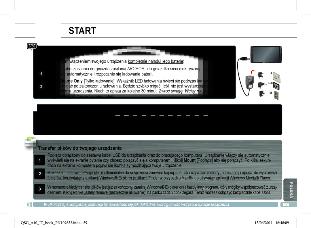 Archos 101 manual Start, Ładowanie baterii, Kreator instalacji, Transfer plików do twojego urządzenia 