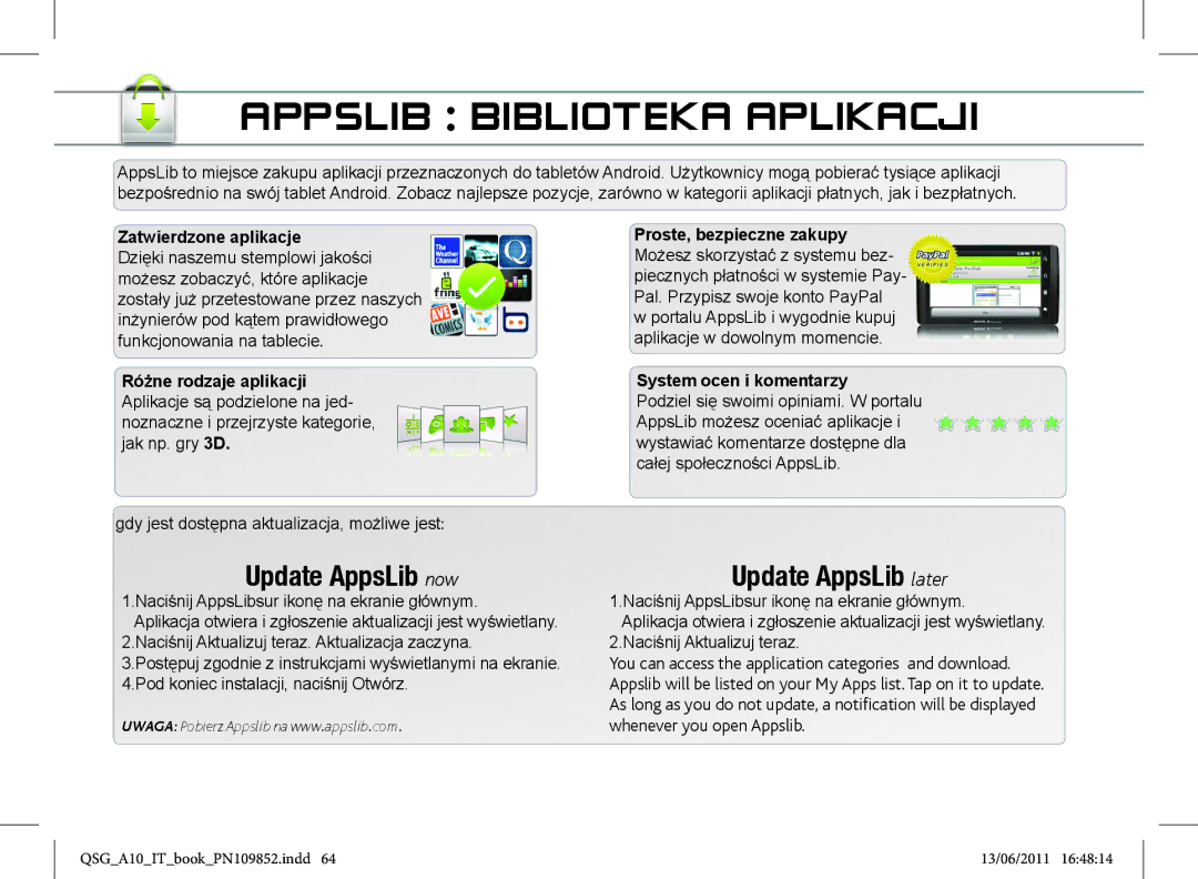 Archos 101 manual Appslib Biblioteka Aplikacji, Zatwierdzone aplikacje, System ocen i komentarzy 