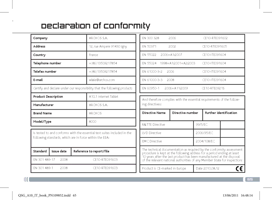 Archos 101 manual Declaration of Conformity 