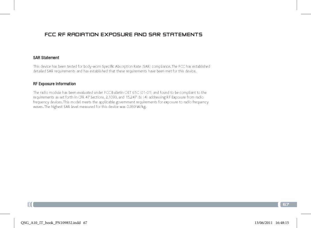 Archos 101 manual SAR Statement, RF Exposure Information 