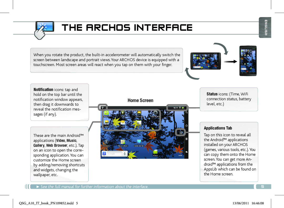 Archos 101 manual Archos Interface, Applications Tab 