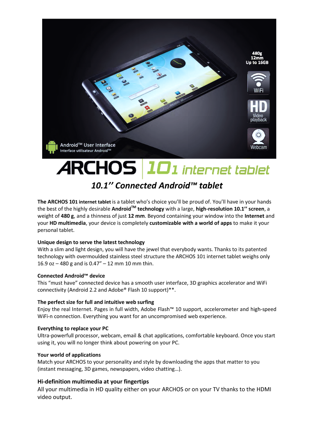 Archos 101 manual 10.1’’ Connected Android Tablet, Hi-definition multimedia at your fingertips 