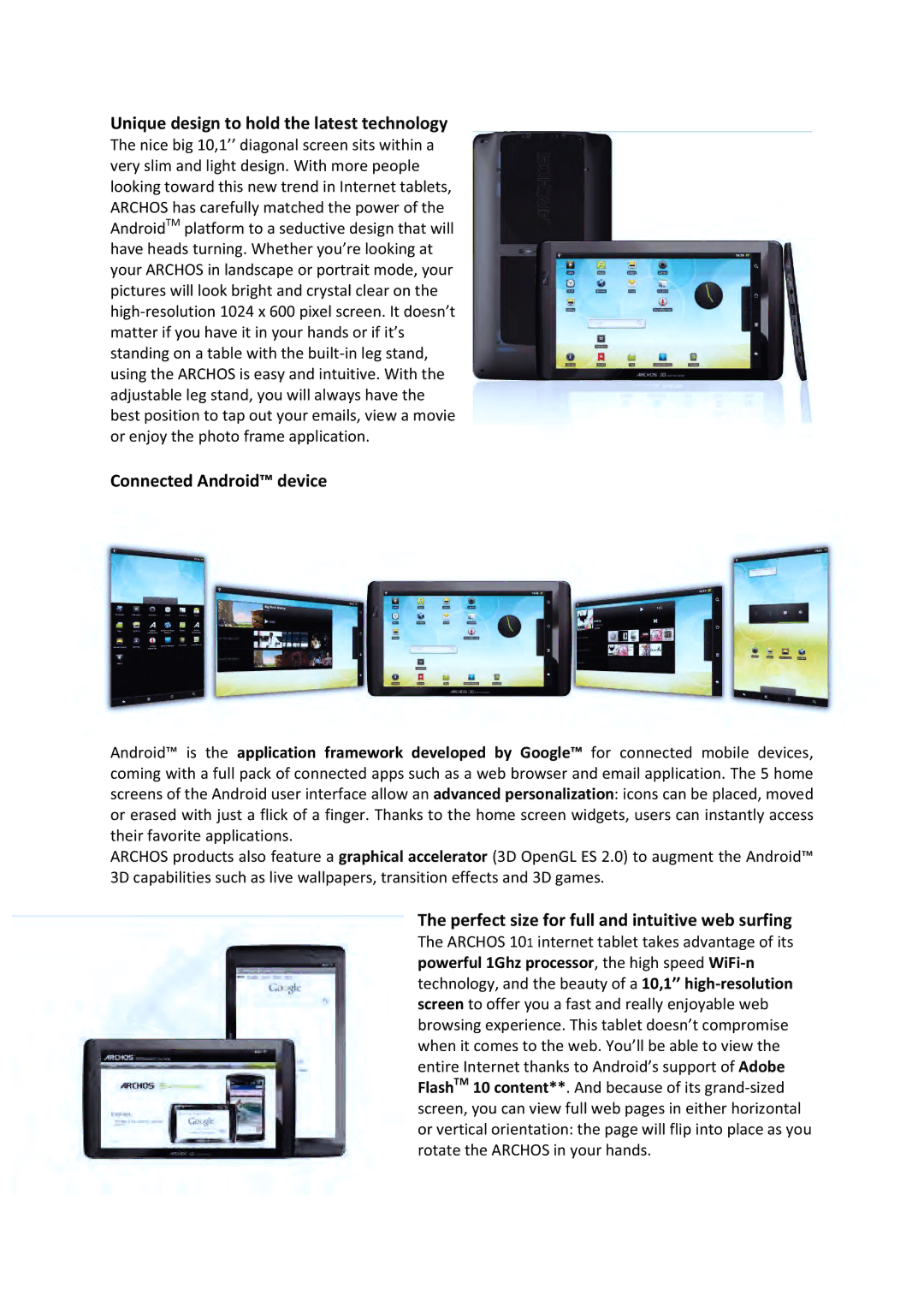 Archos 101 manual Unique design to hold the latest technology, Connected Android device 