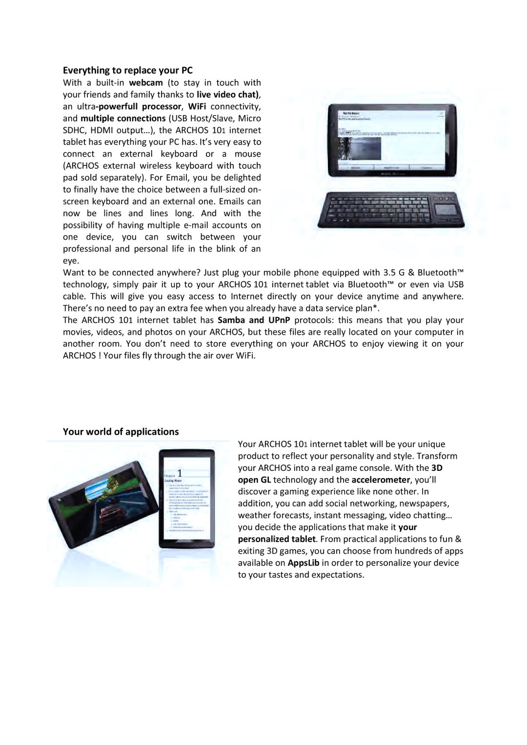 Archos 101 manual Everything to replace your PC, Your world of applications 