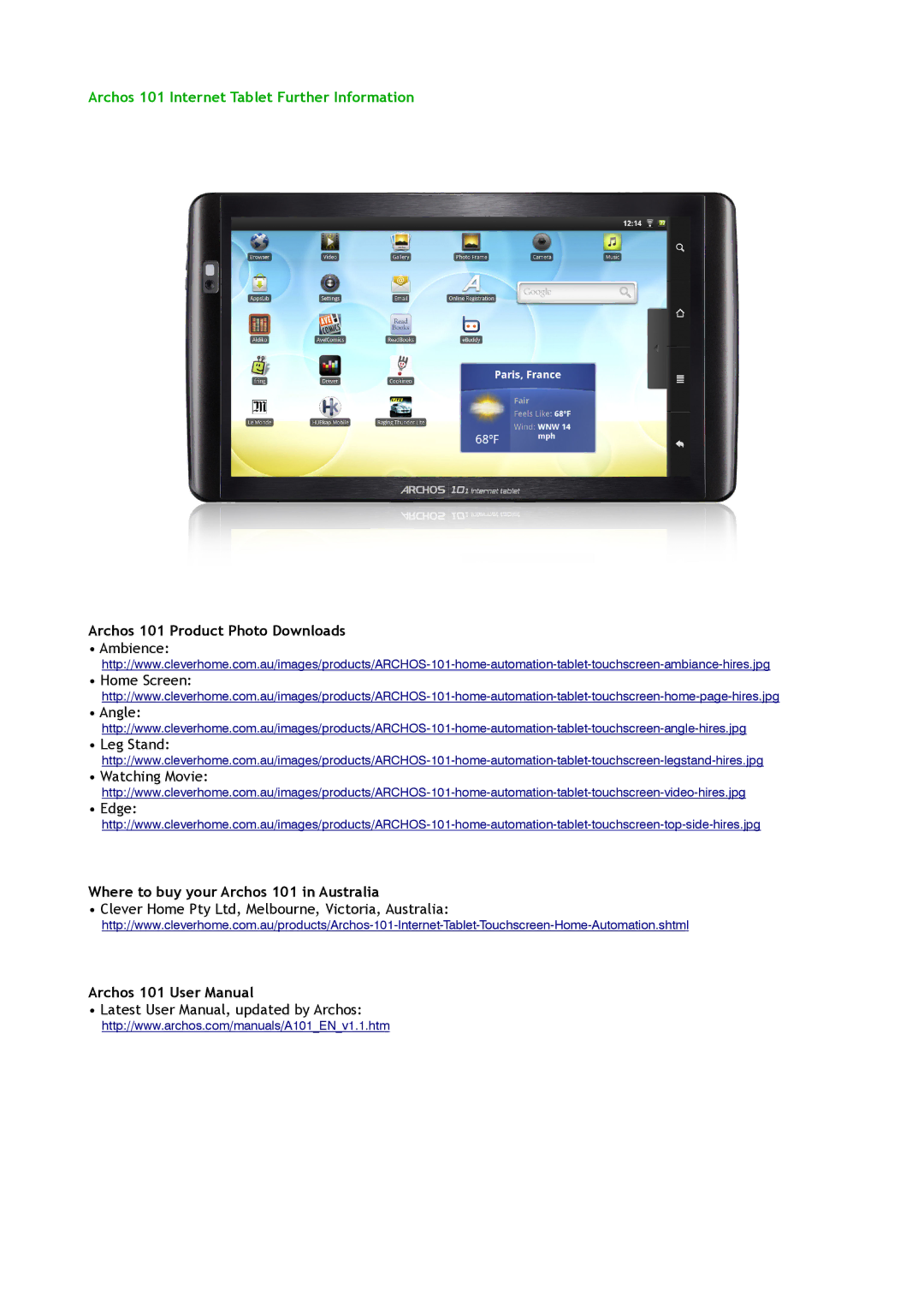 Archos manual Archos 101 Internet Tablet Further Information 