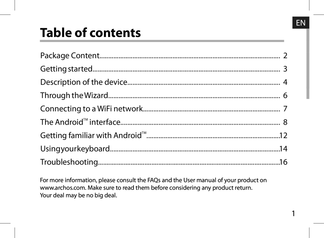 Archos 101XS user manual Table of contents 