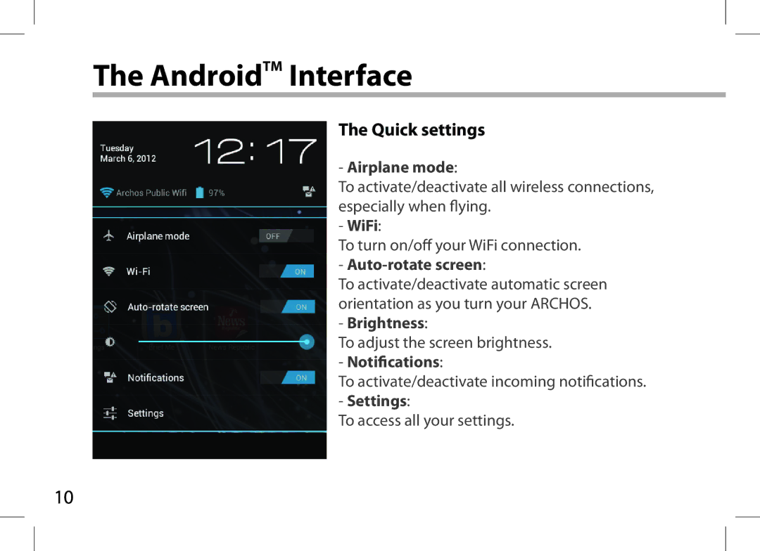 Archos 101XS user manual Quick settings 