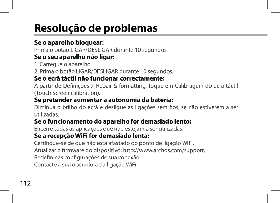 Archos 101XS user manual Resolução de problemas 