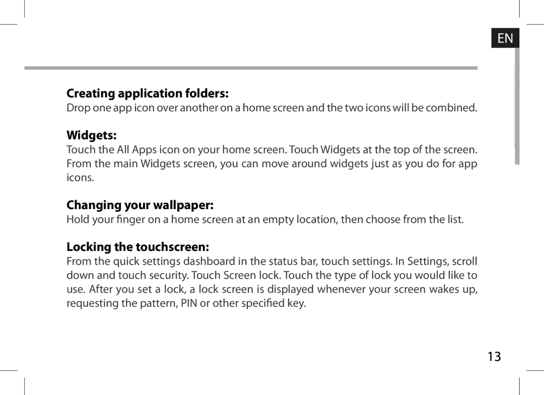 Archos 101XS user manual Creating application folders, Widgets, Changing your wallpaper, Locking the touchscreen 