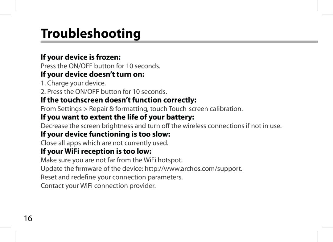 Archos 101XS user manual Troubleshooting 