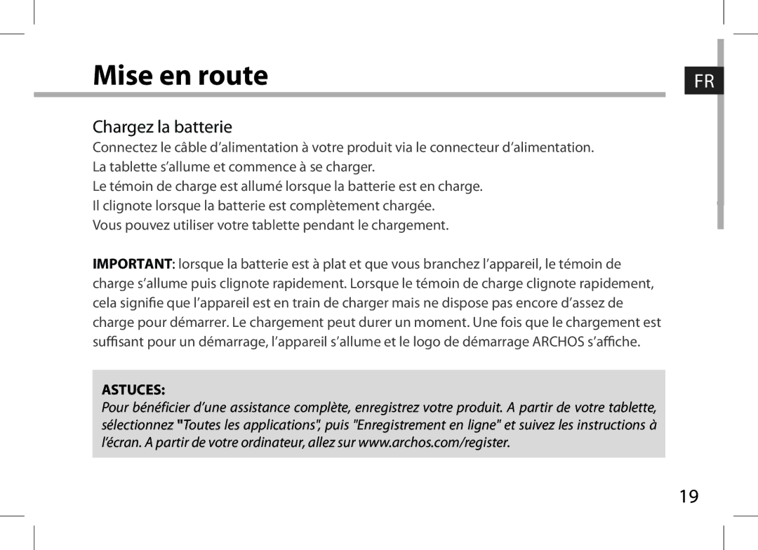 Archos 101XS user manual Mise en route 