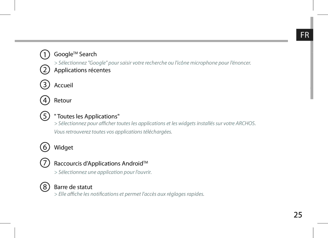 Archos 101XS user manual Applications récentes Accueil Retour Toutes les Applications 