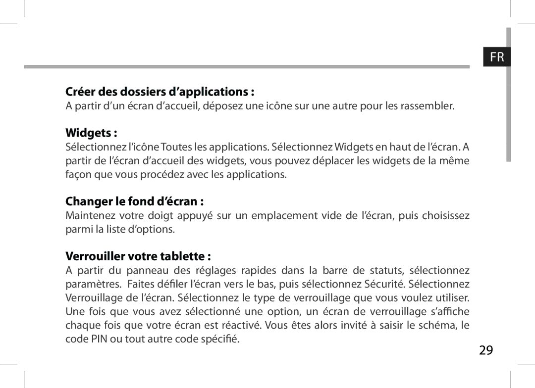 Archos 101XS user manual Créer des dossiers d’applications, Changer le fond d’écran, Verrouiller votre tablette 