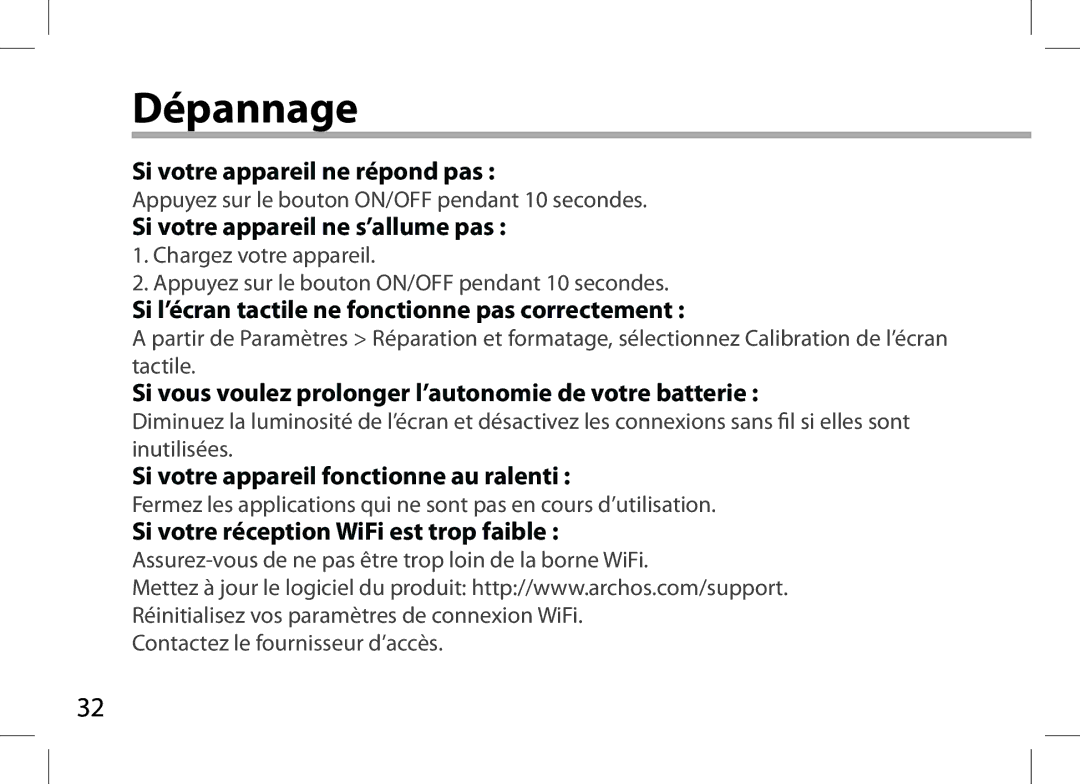 Archos 101XS user manual Dépannage 