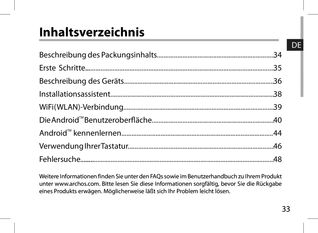 Archos 101XS user manual Inhaltsverzeichnis 