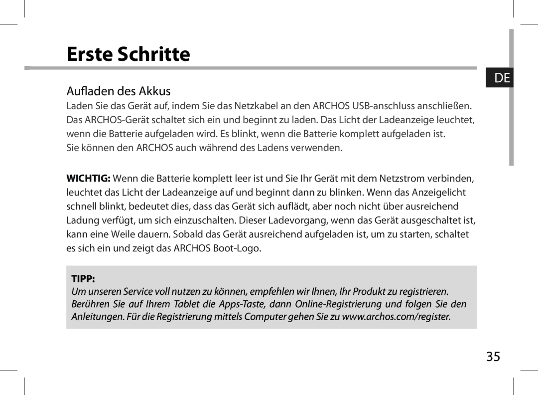 Archos 101XS user manual Erste Schritte 