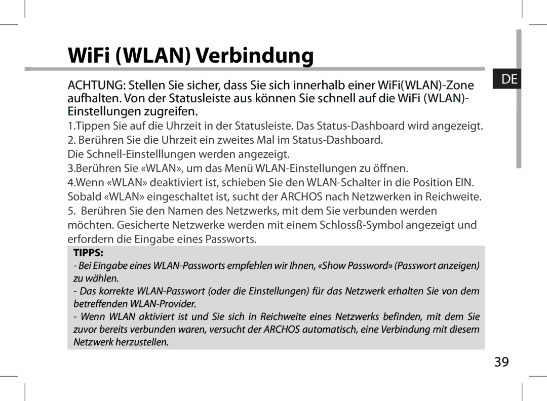 Archos 101XS user manual WiFi Wlan Verbindung, Einstellungen zugreifen 