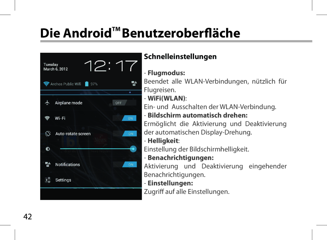 Archos 101XS user manual Schnelleinstellungen 