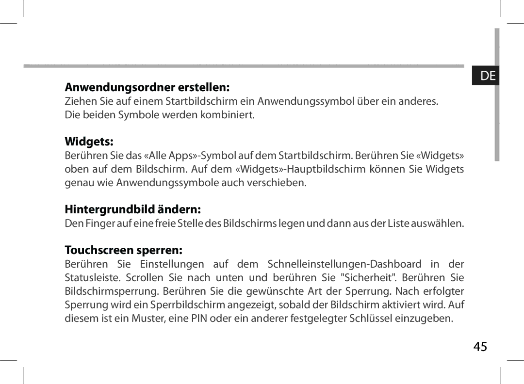 Archos 101XS user manual Anwendungsordner erstellen, Hintergrundbild ändern, Touchscreen sperren 