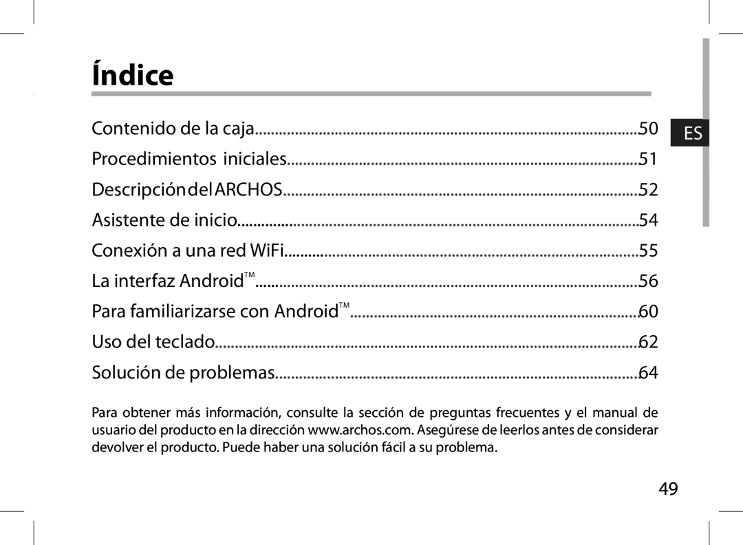 Archos 101XS user manual Índice, Contenido de la caja 