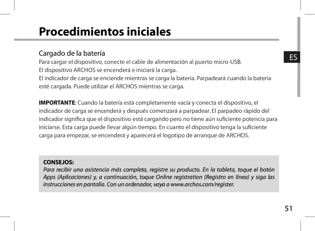 Archos 101XS user manual Procedimientos iniciales 