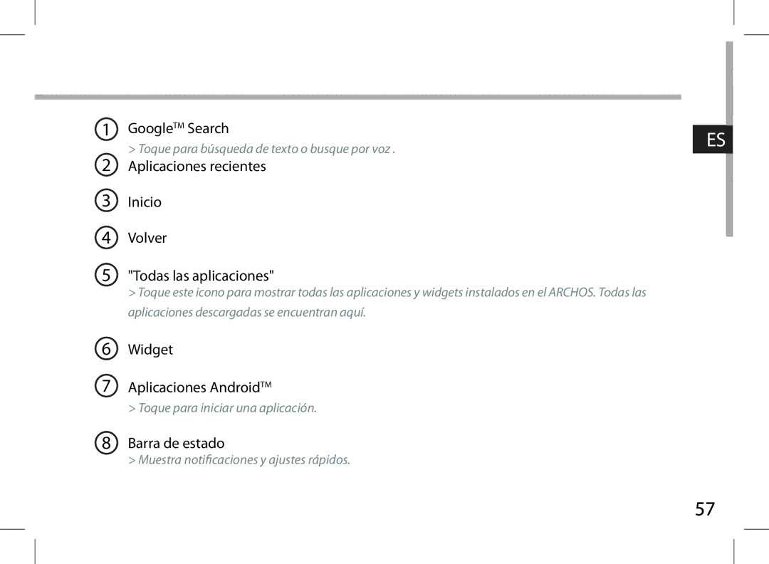 Archos 101XS user manual Widget Aplicaciones AndroidTM 